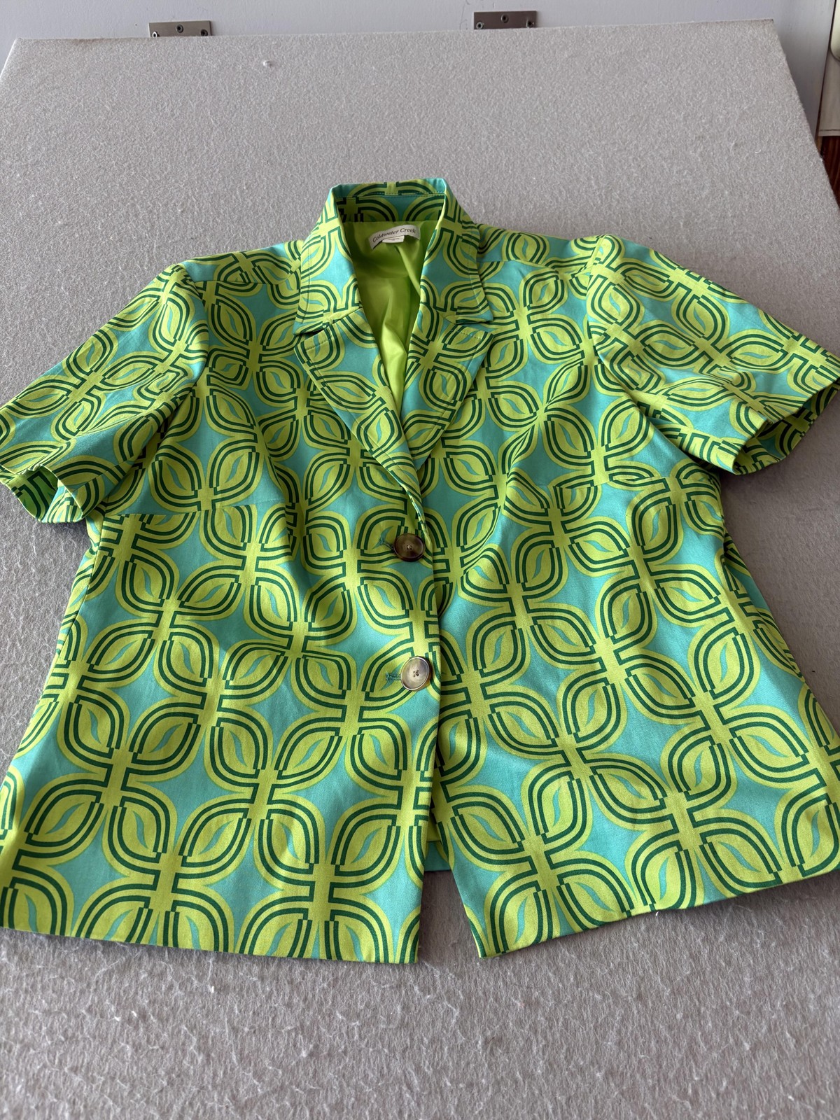 Coldwater Creek Blazer Womens 16 Green Geometric Short Sleeve Jacket Workwear