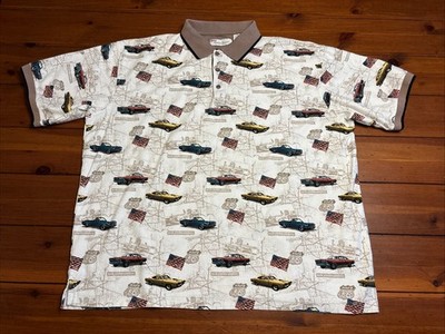 American Summer Cotton Polo Shirt Mens XXL Flag Patriotic Classic Cars Route 66