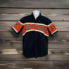 Harley Davidson Button Up Shirt Mens Black Orange Moto Biker Work Wear Shop Sz M