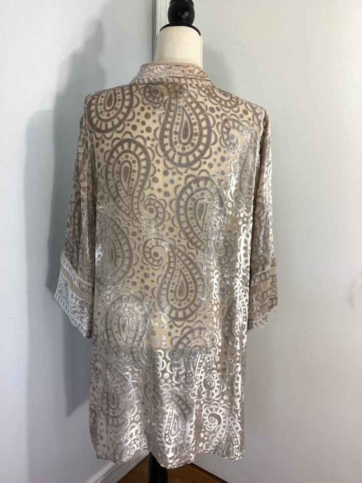 TÚNICA DE VELUDO VINTAGE BOB MACKIE WEARABLE ART BEGE GRANDE PRATA PAISLEY BURNOUT RARA - Imagem 3 de 4
