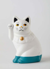 Japanese Hand Painted Lucky Cat SETO Maneki Neko 12cm Blue-Green Sit-Sideways