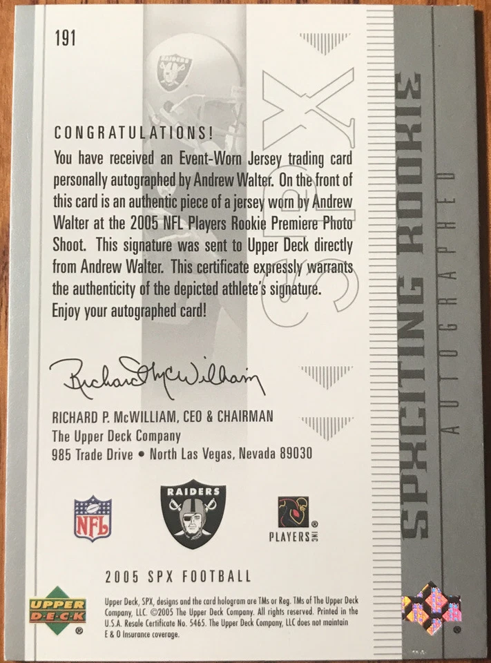 2005 SPx Rookie Jersey Autograph Andrew Walter #191B #’d 0670/1275 - Image 2 of 2