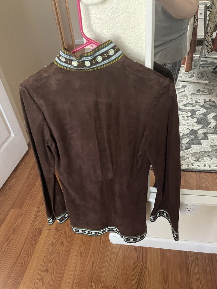 Blusa túnica bordada Tory Burch $398 marrón 100 % cuero genuino Foto 3 de 4