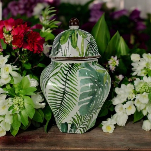 Ceramic Ginger Jar Green Tropic Palm Leaves Pattern Lidded Glossy 26 cm Decor UK - Picture 8 of 8