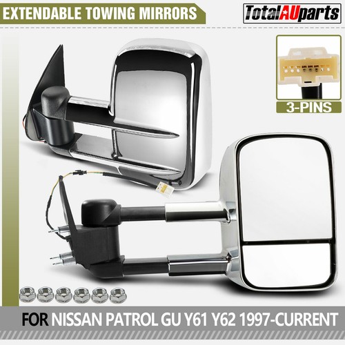 Pair Chrome Extendable Towing Mirrors for Nissan Patrol GU Y61 TY61