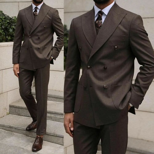Men Brown Suit Double Breasted Party 