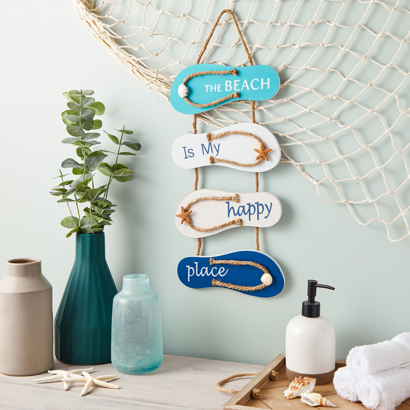 Wooden Beach Wall Hanging Decor Sign, Flip Flop Beachy Decorations