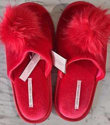 New Victoria s Secret Slides Red Slippers with Fuzzy Stylish Pom Pom (Large)