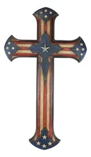 Patriotic USA American Flag With Western Stars Faux Tooled Leather Wall Cross
