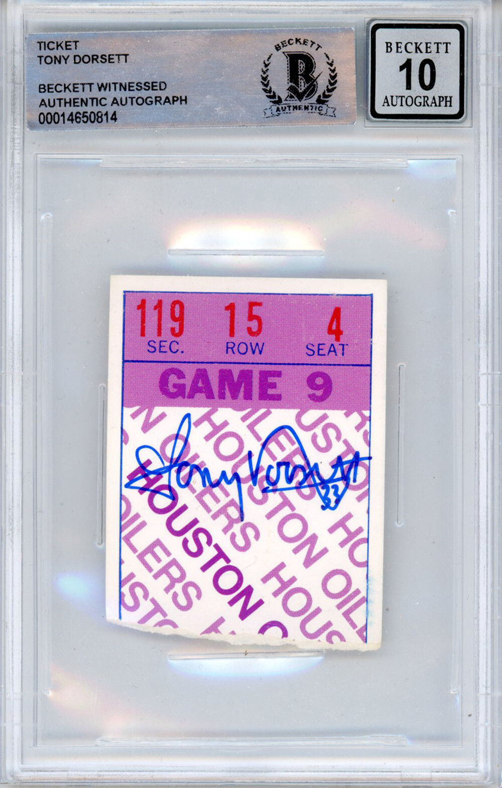 Tony Dorsett Autographed Signed 11/22/1979 Vs Oilers Ticket Stub Beckett Slab 39196 