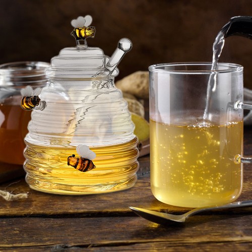 Honey Jar Glass Honey Dispenser Glass Honey Jar With Dipper Lid Kitchen - Picture 5 of 11