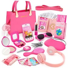 Little Girl Purse with Pretend Makeup for Toddlers, 49PCS Kids Play Rose Pink