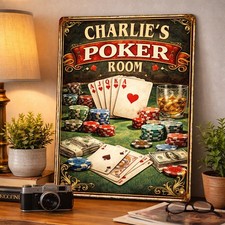 Personalised Poker Room Metal Wall Sign Custom Cards Player Club Plaque HBS62