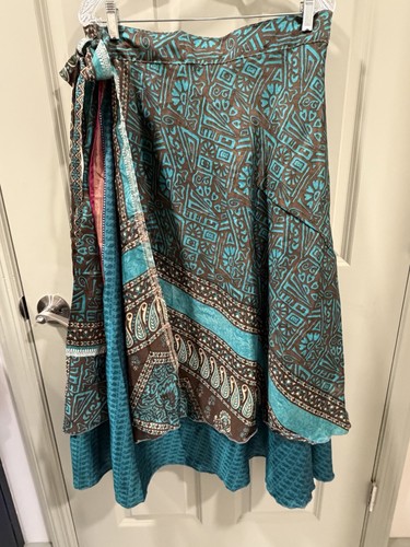 Earthbound Trading Co Boho Magic Wrap Skirt Maxi Tiered Teal Blue Pattern OSFM