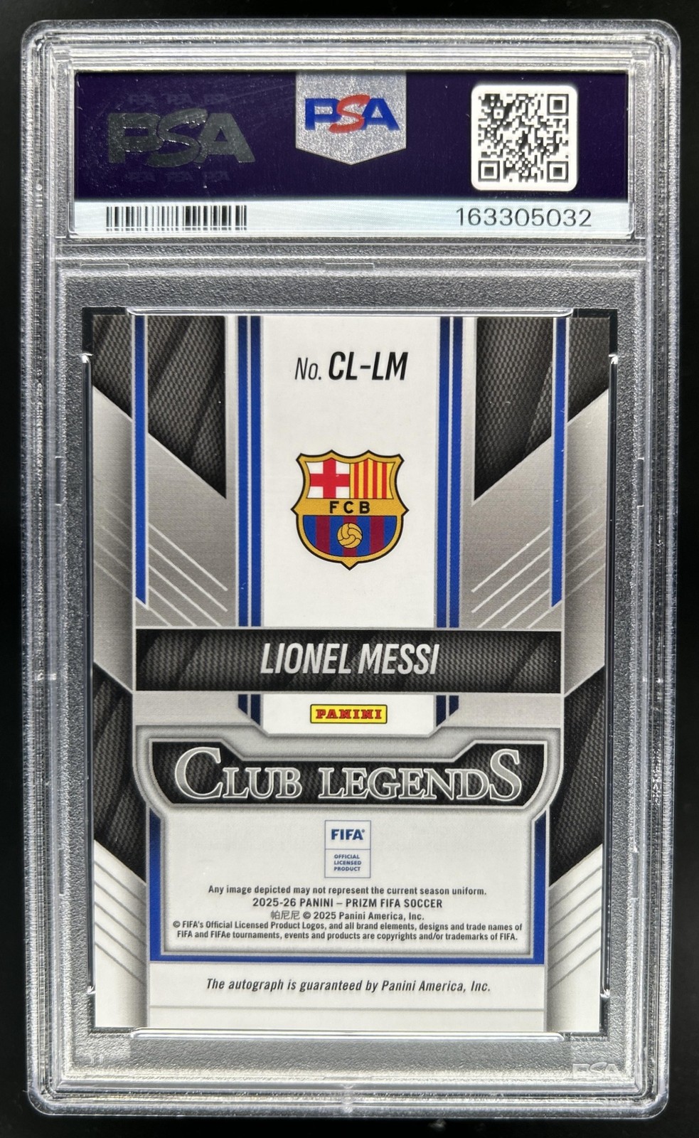 2025-26 Prizm FIFA Lionel Messi Club Legends Signatures Auto #CL-LM PSA 10 view 2