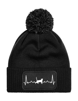 Unisex Strick Bommel Beanie Mütze mit Heartbeat Katze Print Katzenliebhaber