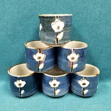 Japanese Blue Floral Glazed Ceramic Tea Cups Yunomi Set Of 6 2.5"