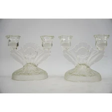 Vintage Iris Glass Double Candle Holders Pair Clear Floral 5.25" Tall