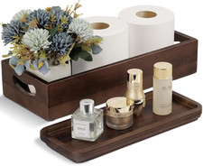 Handmade Toilet Tank Basket Topper  Vanity Tray Set of Natural Acacia Wood by ,