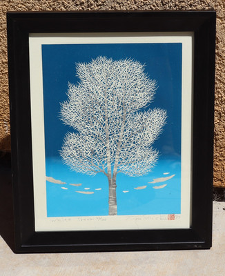 TADASHIGE NISHIDA Hand Signed Japanese Woodblock Print White Tree (2) 68/120