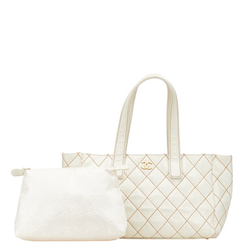 Chanel Coco Mark Wild Stitch White Leather Tote Bag 975468