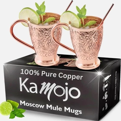 Copper Cups Set of 2 with Unique Handcrafted Embossed Design with Anti-Tarnish F - Image 1 of 4