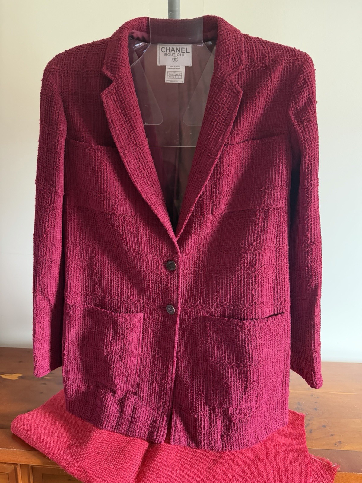Vintage Chanel Boutique Burgundy Wool Blend Tweed Blazer Jacket Sz42 Silk Lining