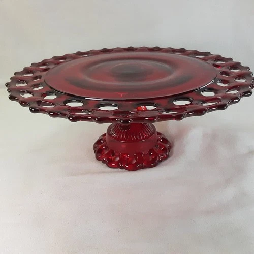 Vintage Westmoreland Doric Lace Edge Ruby Red Glass Pedestal Cake Plate / Stand