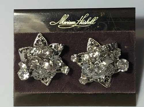 VINTAGE MIRIAM HASKELL FANCY SILVER CRYSTAL RHINESTONE SNOWFLAKE CLIP EARRINGS