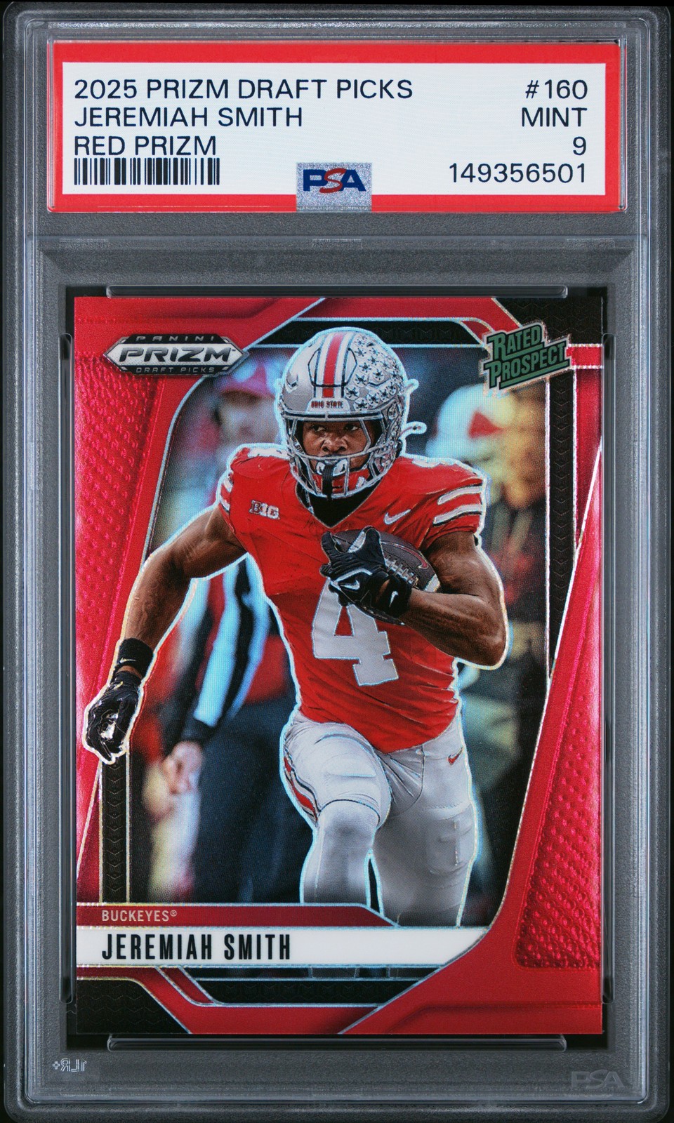 2025 PANINI PRIZM DRAFT PICKS RED PRIZM #160 JEREMIAH SMITH 57/399 PSA 9