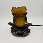 VTG Meyda Tiffany Lamp Frog Accent Light Green Amber Glass Art Nouveau Whimsical