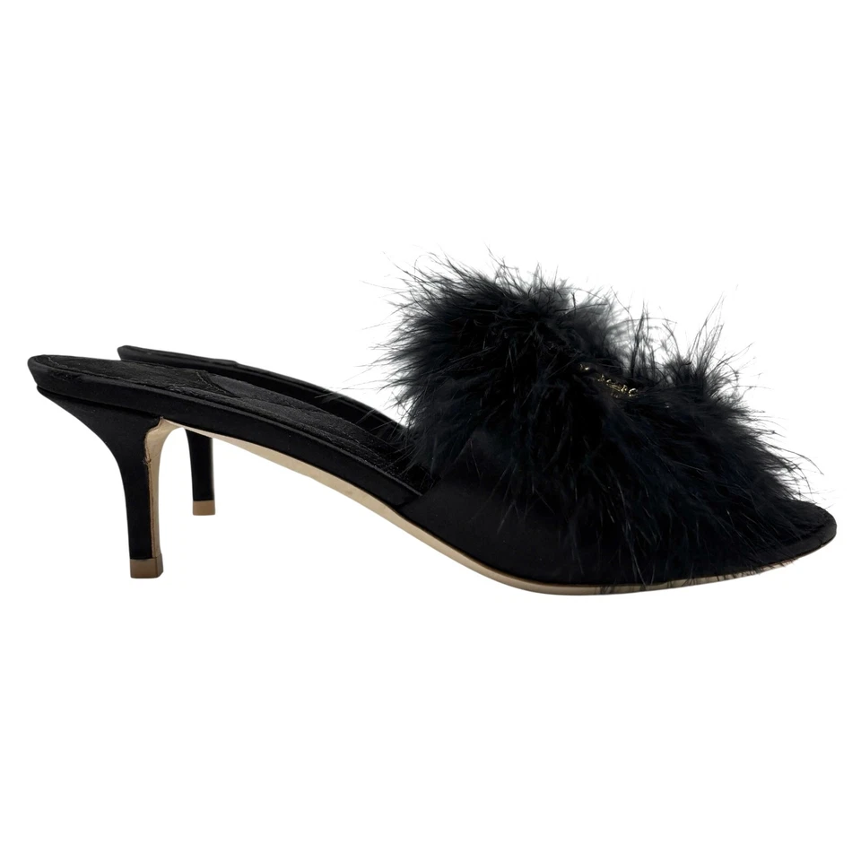 LOUIS VUITTON LV Bijou Logo Fur Sandals #37.5 Heels Rhinestone Black Satin - Image 3 of 4