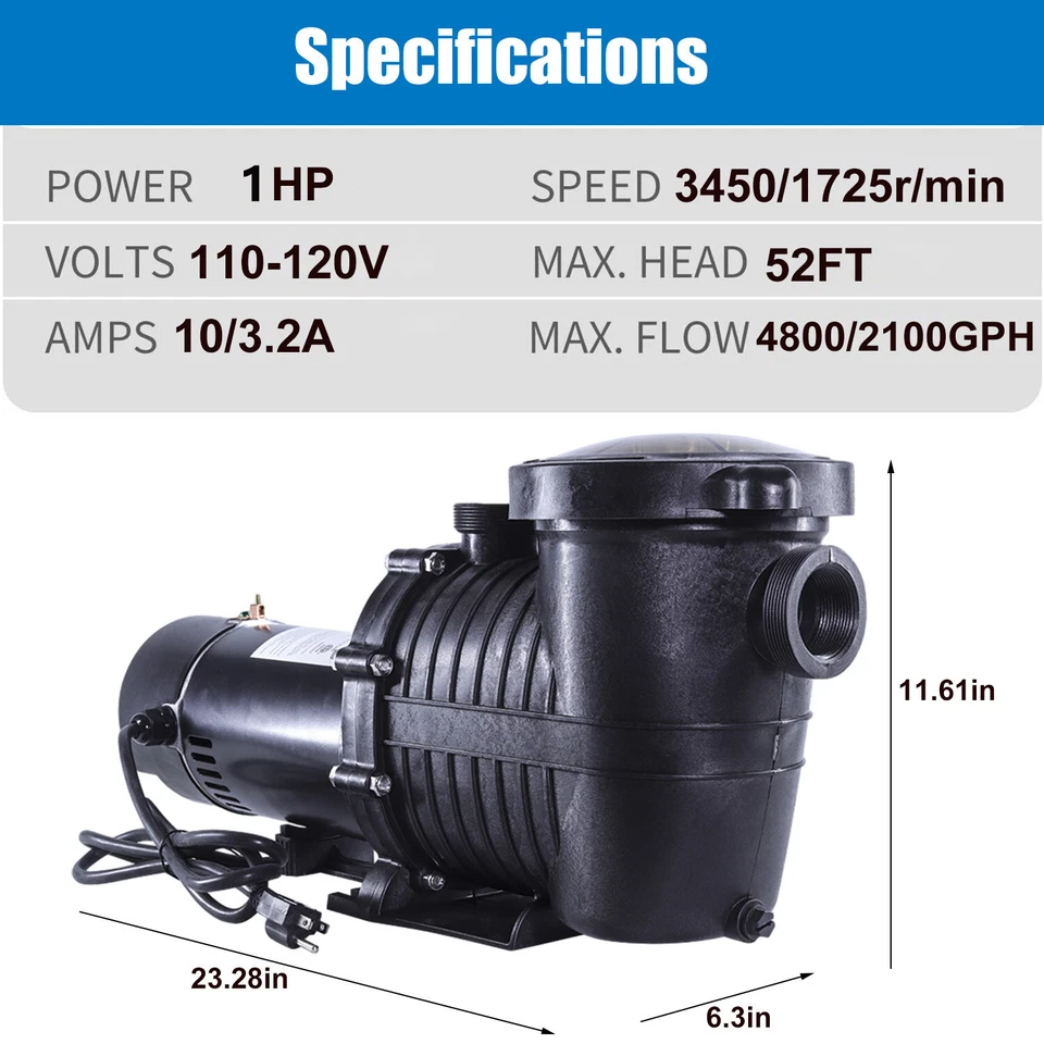 1HP 2 Speed In/Above Ground Pool Pump 80/35GPM 52FT HMax 1.5'' NPT 6.6' Corded - Image 2 of 4