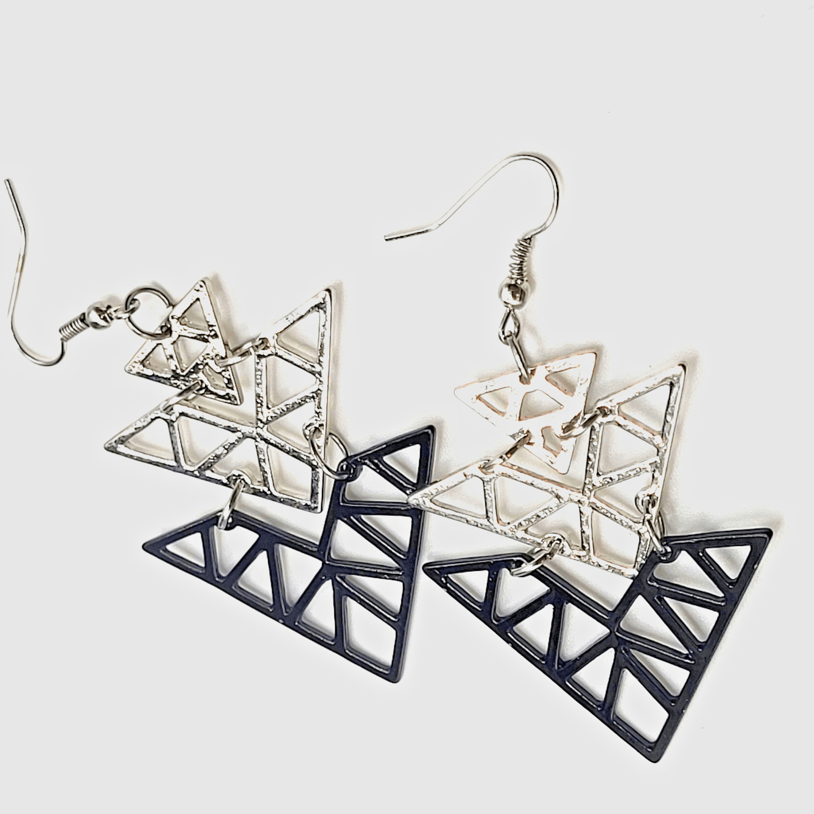 Geometric Triangular Dangle Drop Earrings 3in sil… - image 1
