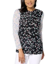 LOGO Layers by Lori Goldstein Printed Mesh Ruched Top Black