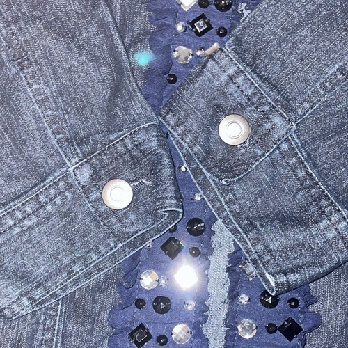 Ruby Rd Woman Jacket Black Denim Bead Trim Collarless 3/4 Sleeve Size 14 - Picture 4 of 7