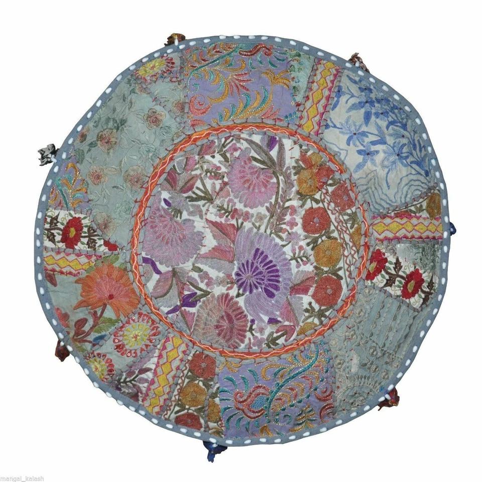 Patchwork Round Foot Stool New Indian Cotton Vintage Ottoman Pouf Cover Handmade - Image 2 of 4