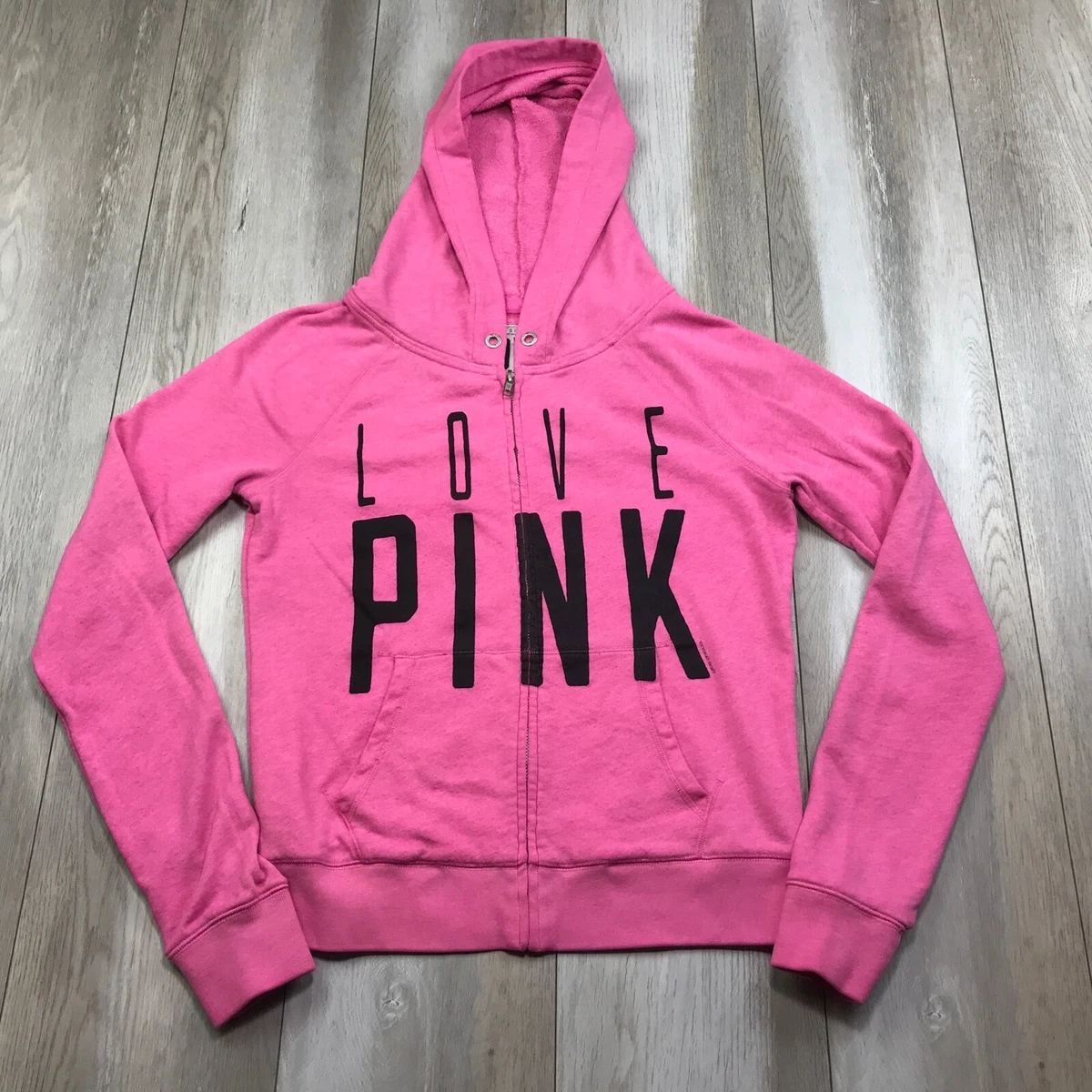 Pink Victoria Secret Sweater Womens Small Pink Black Hooded Full ZIp Ladies  * | eBay