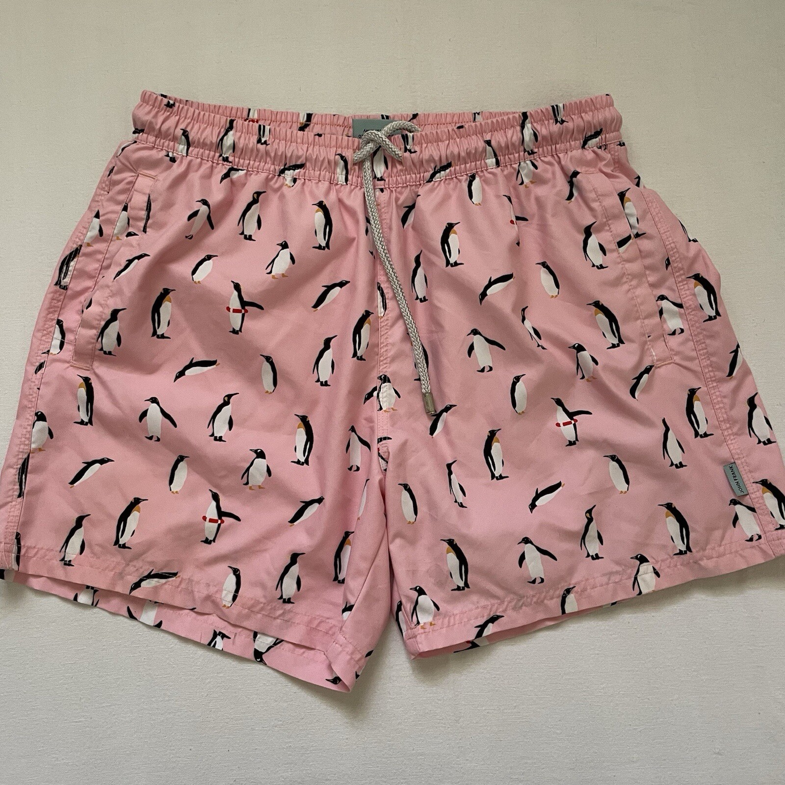 John Frank Swim Trunks Men’s MEDIUM  Pink Penguins Prints Liner Pockets Summer