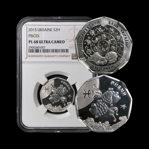 UKRAINE. 2015, 2 Hryvni, Silver - NGC MS68 - Top Pop 🥇 Kid's Zodiac, Pisces