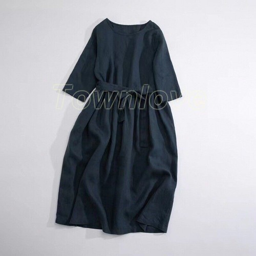 Damen Baumwolle Leinen Maxikleid Sommerkleid Freizeit Rundhals Locker Freizeit Chic - Bild 12 von 27