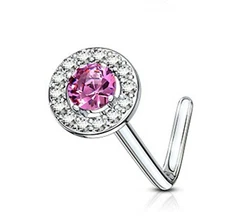 Nose L Bend Ring Button Style Pink Gem 6mm Head 20 Gauge 1/4" Steel 