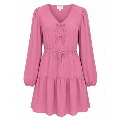 JOIE | Pink Bow Front Tiered Balloon Sleeve Boho Mini V-Neck Dress Coquette | L