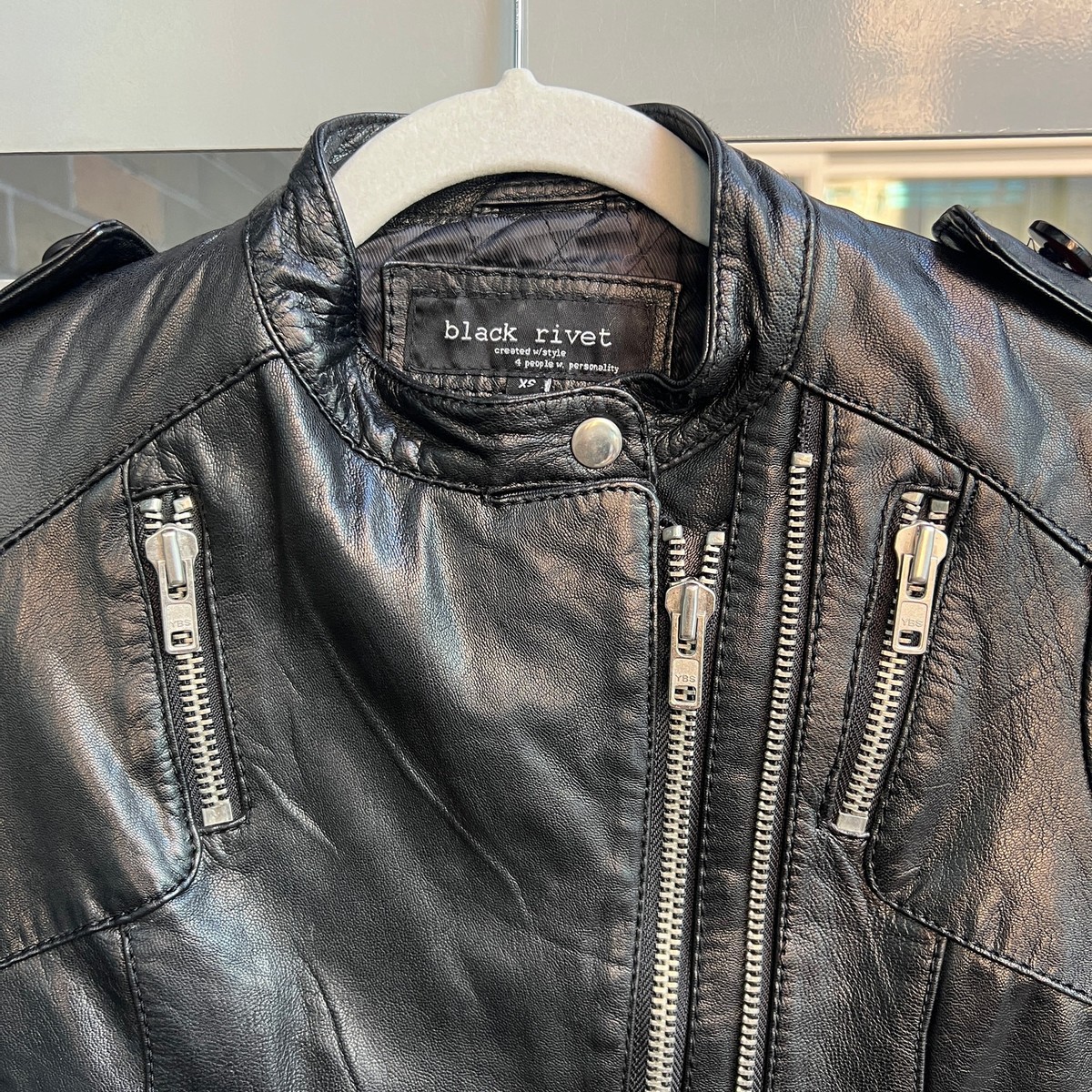 ★ SETUP-EXE★ RIVET BIKER JACKET BLACK 25SPRING002EXE Black Rivet Jacket Women Size XS Black Leather Moto Bomber