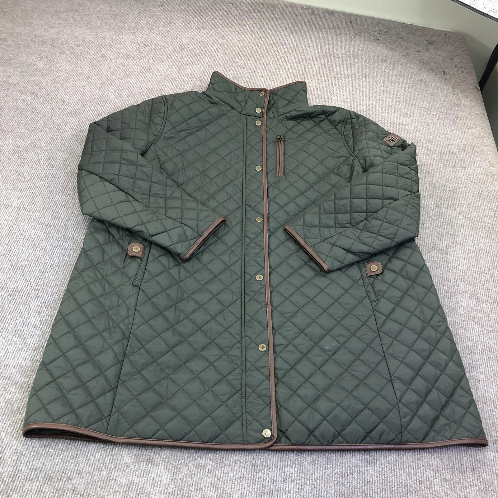Lauren Ralph Lauren Quilted Coat Womens 2X Plus Green Faux Leather Snap Front