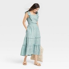 Universal Thread Blue Floral Ruffle Tiered Midi Dress Cotton Size M