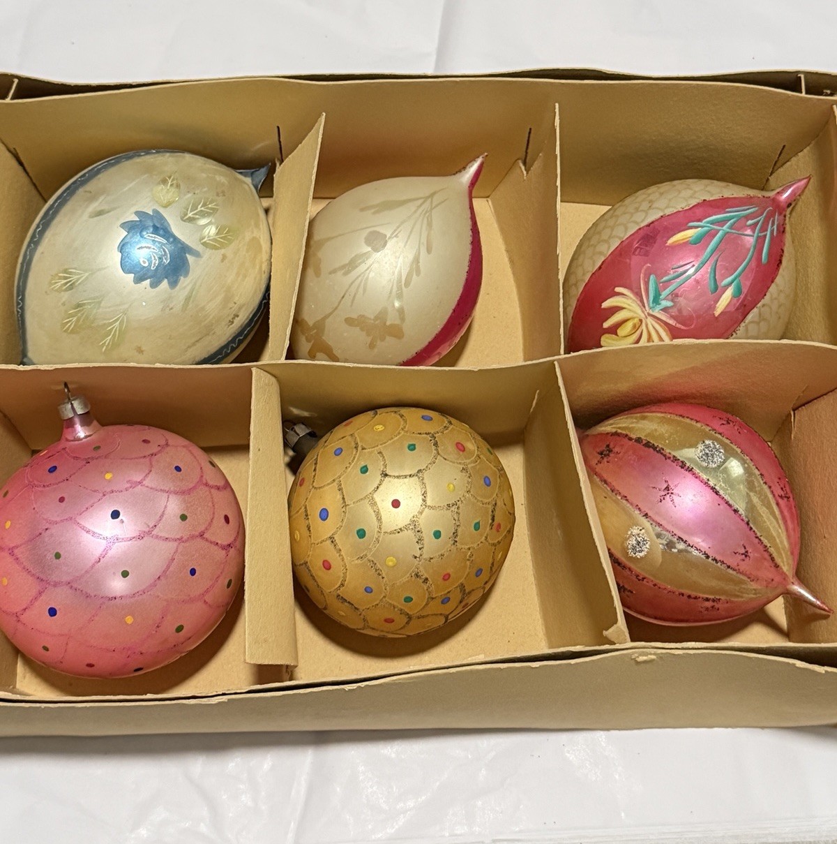 Six vintage jumbo mercury glass Christmas ornaments from Poland and Germany, with original box.