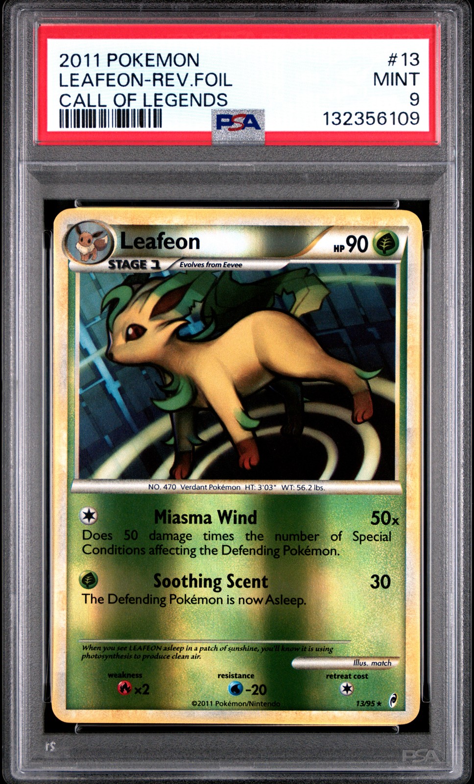 2011 POKEMON CALL OF LEGENDS #13 LEAFEON-REVERSE FOIL PSA 9