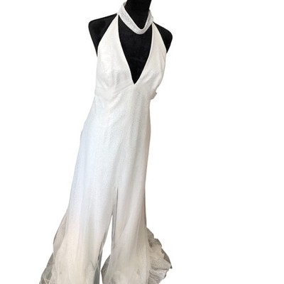 Vera Wang  Sexy Elegant White High Slit Sequin Gown With Plunging Choker Neck