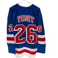 Autographed/Signed Jimmy Vesey New York Blue Hockey Jersey JSA COA XL